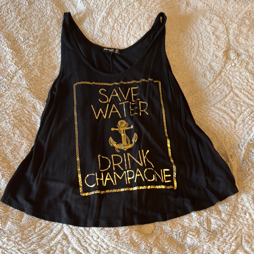 Black Graphic Tank with Gold 'Save Water Drink Champagne'